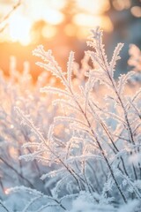 Aufkleber - Snow-covered grasses in a winter landscape, selective focus, shallow depth of field