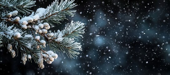 Poster - Evergreen Christmas Tree Pine Branches Covered In Snow With Falling Snowflakes, Horizontal