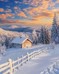 Poster - Stunning winter landscape with wooden house in snowy mountains on Christmas holiday. Carpathians mountain, Ukraine, Europe.