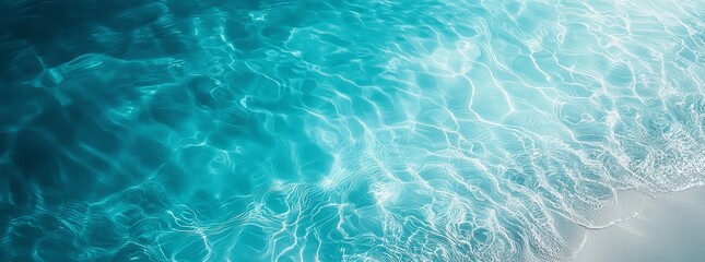 Wall Mural - The sandy beach from above is abstracted with a light blue wave in the water and sun lights, the banner includes a copy space and a background concept of summer vacation.