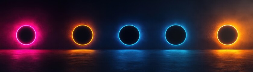 Poster - Five Neon Circles Reflecting on a Dark Floor