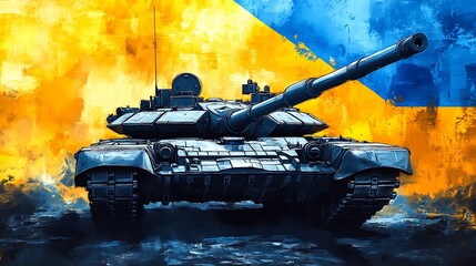 A tank positioned in front of a blue and yellow background, symbolizing strength and resilience.