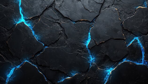 Abstract Crack Pattern on Dark Surface with Blue Glowing Lines