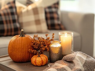 Canvas Print - Cozy autumn decor on a living room end table