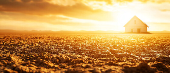 A lone house in a vast field at sunset, with warm light illuminating the landscape.