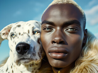 A striking portrait of a black male model with a Dalmatian, both posing with intense expressions under a bright blue sky. The high-contrast lighting and bold styling add a dramatic effect.