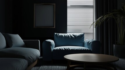 Aufkleber - The interior design of a modern living room features a dark blue sofa and recliner. The scene was created using the generative arts method.