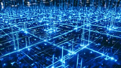A futuristic digital landscape with glowing blue circuit patterns and data points.