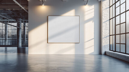 Poster - spacious gallery with blank canvas framed on wall, illuminated by natural light streaming through large windows. minimalist design creates serene atmosphere, perfect for showcasing art