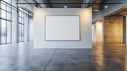 Poster - modern art gallery featuring large empty frame on white wall, surrounded by concrete architecture and ample natural light. spacious interior creates serene atmosphere for art appreciation