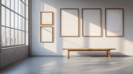 Poster - Bright minimalist gallery room with empty picture frames and wooden bench. sunlight streams through large windows, creating serene and inviting atmosphere