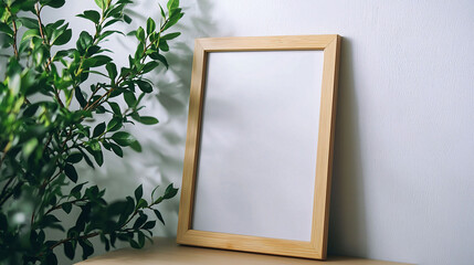 Poster - Empty wooden picture frame mockup on table, leaning against wall with plant nearby, creating serene and inviting atmosphere
