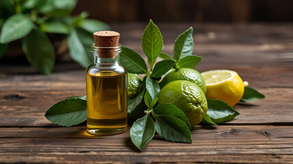 Bottle of bergamot essential oil standing on a rustic wooden surface surrounded by fresh bergamot fruit and leaves