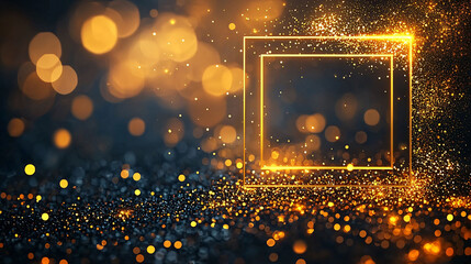 Poster - captivating abstract composition featuring glowing golden frame surrounded by shimmering bokeh lights. warm tones create festive and inviting atmosphere, perfect for various design projects