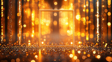 Poster - stunning minimalist abstract composition featuring golden gleam with shimmering bokeh lights and blank frame, creating sense of elegance and warmth