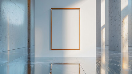 Poster - minimalist 3D rendered mockup of blank frame on wall in modern interior space. serene environment features polished floors and soft lighting, creating tranquil atmosphere
