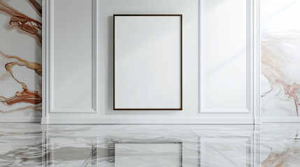 Poster - minimalist 3D rendered mockup of blank frame on marble floor against stylish wall. elegant design creates serene atmosphere, perfect for showcasing art