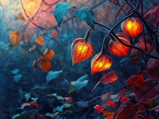 Sticker - vibrant autumn scene featuring glowing physalis