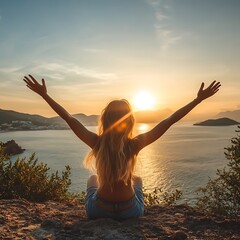 A silhouette of a person with arms outstretched, enjoying a sunset over a tranquil seascape.