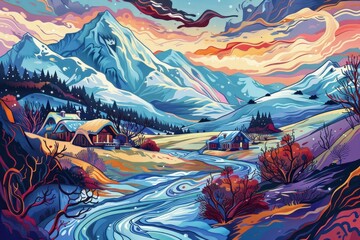 Sticker - Illustration village in winter with a lot of snow and mountains in background painting art outdoors.