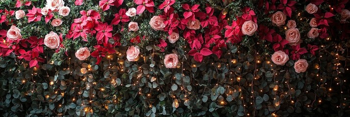 Poster - A vibrant wall covered in red poinsettias and pink roses is illuminated by warm fairy lights, creating a festive atmosphere perfect for celebrations