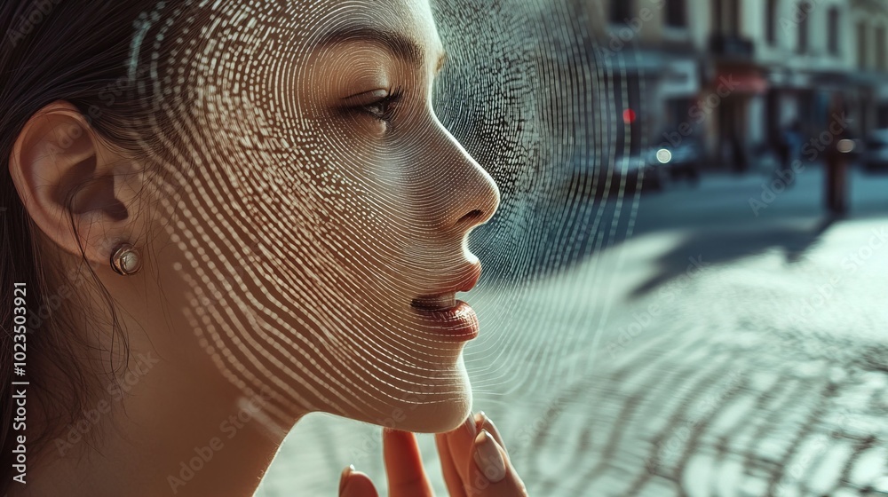 Young woman profile with digital biometric facial recognition scan ...