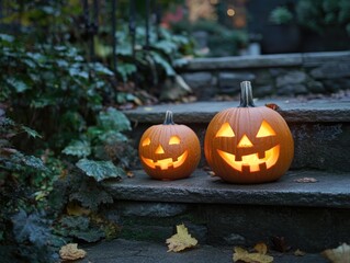 Sticker - Carved Halloween Pumpkins on Stone Steps