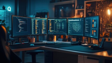 Poster - A Nighttime Workspace with Multiple Monitors Displaying Code