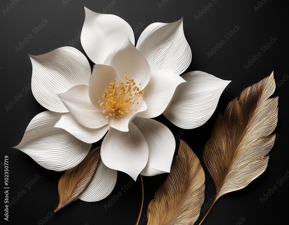 Elegant white flowers and golden leaves on black background with copy ...