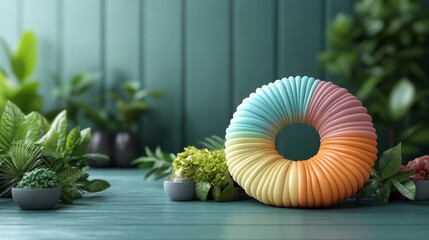 A colorful decorative object surrounded by plants on a serene tabletop.