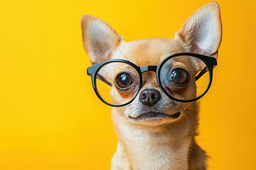 A cheerful Chihuahua sports large black glasses, posing confidently in front of a bright yellow background, showcasing its playful personality and charm