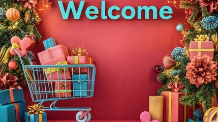 Poster - A vibrant holiday display features a shopping cart filled with neatly wrapped gifts, surrounded by decorative elements, creating a joyful atmosphere