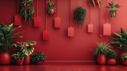Poster - A stylish room features a vibrant red wall adorned with hanging plants in pots, complemented by various potted greenery on the floor. The decor creates a warm, inviting space