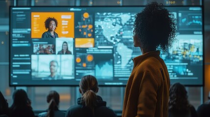 Poster - A woman stands attentively, examining detailed data and visuals displayed on a large screen while several audience members engage in the presentation behind her