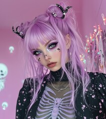 Poster - The subject shows off her unique pastel hairstyle and striking makeup while dressed in a skeletal-themed outfit, surrounded by a colorful backdrop