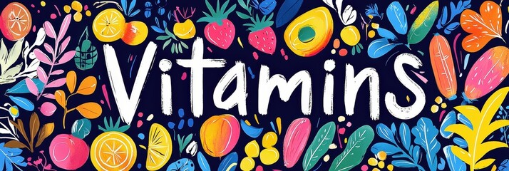 Aufkleber - A vibrant display of various fruits and vegetables surrounds the word Vitamins, emphasizing their essential role in a healthy diet and lifestyle, set against a dark backdrop