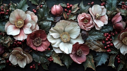 Sticker - A vibrant assortment of winter flowers and foliage rests against a dark backdrop, featuring delicate colors, textures, and seasonal berries for a stunning visual effect