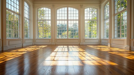 Wall Mural - Sunlight streams through expansive windows, illuminating a wide wooden floor while casting intricate shadows, highlighting the tranquility of the interior space