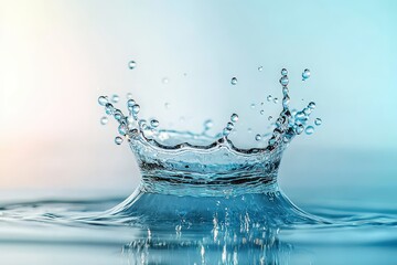 Poster - A dynamic water splash erupts from a surface, sending sparkling droplets into the air while creating ripples on a calm body of water under soft lighting