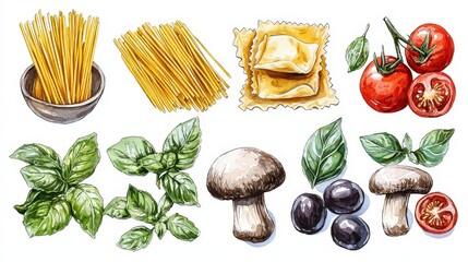 Poster - A vibrant collection of fresh ingredients showcases spaghetti, ripe tomatoes, basil leaves, ravioli, mushrooms, and black olives, perfect for Italian cuisine