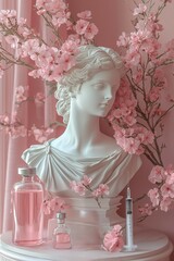 Aufkleber - A graceful white bust with classical features stands among pink flowers and glass containers filled with liquid. The pastel atmosphere creates a serene and artistic ambiance