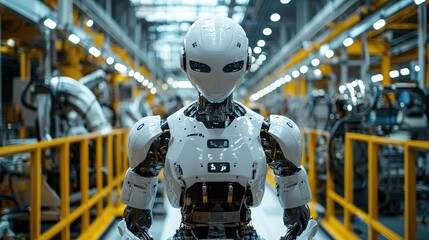Aufkleber - The humanoid robot displays intricate design details while positioned prominently in an advanced manufacturing facility filled with high-tech machinery and structures