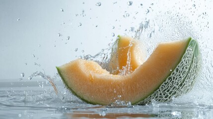 Poster - Melon Slice Splashing in Water with Droplets