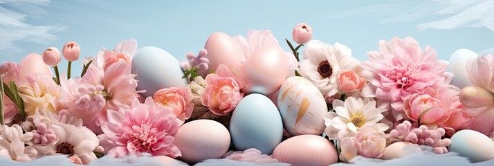 Aufkleber - Easter eggs in pastel colors are surrounded by a variety of beautiful spring flowers, creating a cheerful and festive ambiance perfect for holiday festivities