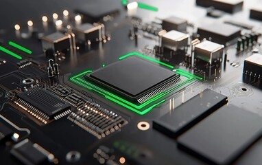Poster - Close-up view of a modern microchip on a circuit board showcasing intricate designs and green lights illuminating the components