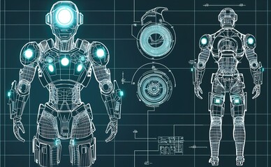 Poster - Blueprint of a futuristic humanoid robot design with detailed schematics and luminous elements showcased on a dark background