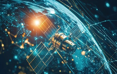 Poster - a detailed view of a satellite orbiting earth against a backdrop of cosmic data connections and vibr