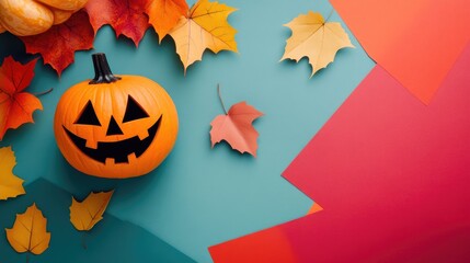 Poster - Halloween themed flat lay with wooden Jack o lantern on colorful background