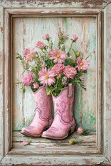 Poster - Vibrant flowers in shades of pink and white spill from a pair of rustic cowboy boots against a weathered wooden backdrop, adding a touch of farmhouse charm