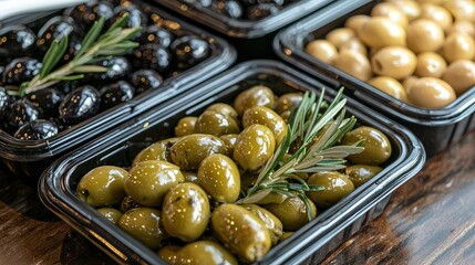 Canvas Print - Various types of olives are neatly arranged in black trays, featuring green, black, and greenish olives with fresh rosemary sprigs, highlighting Mediterranean flavors